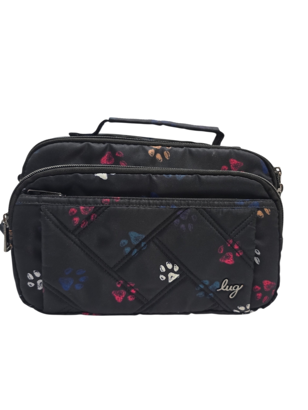 Lug Scoop Black Quilted Crossbody with Multicolor Paw Prints